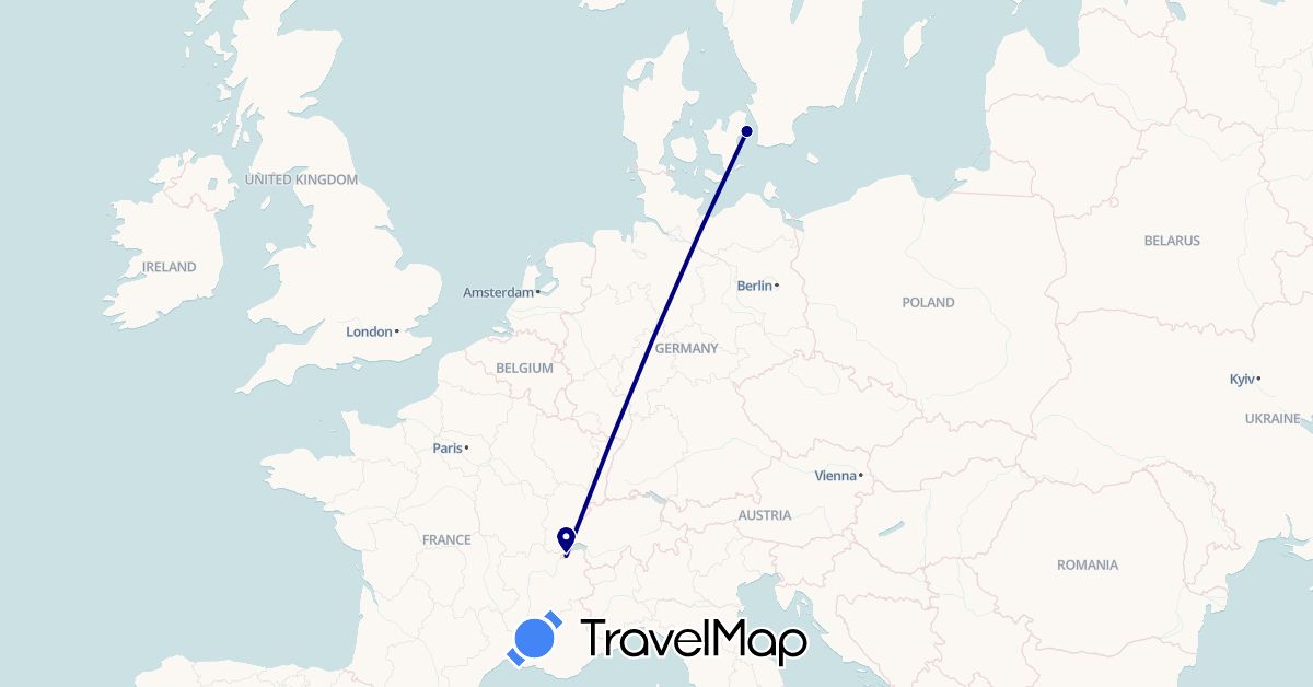 TravelMap itinerary: driving in Switzerland, Denmark (Europe)